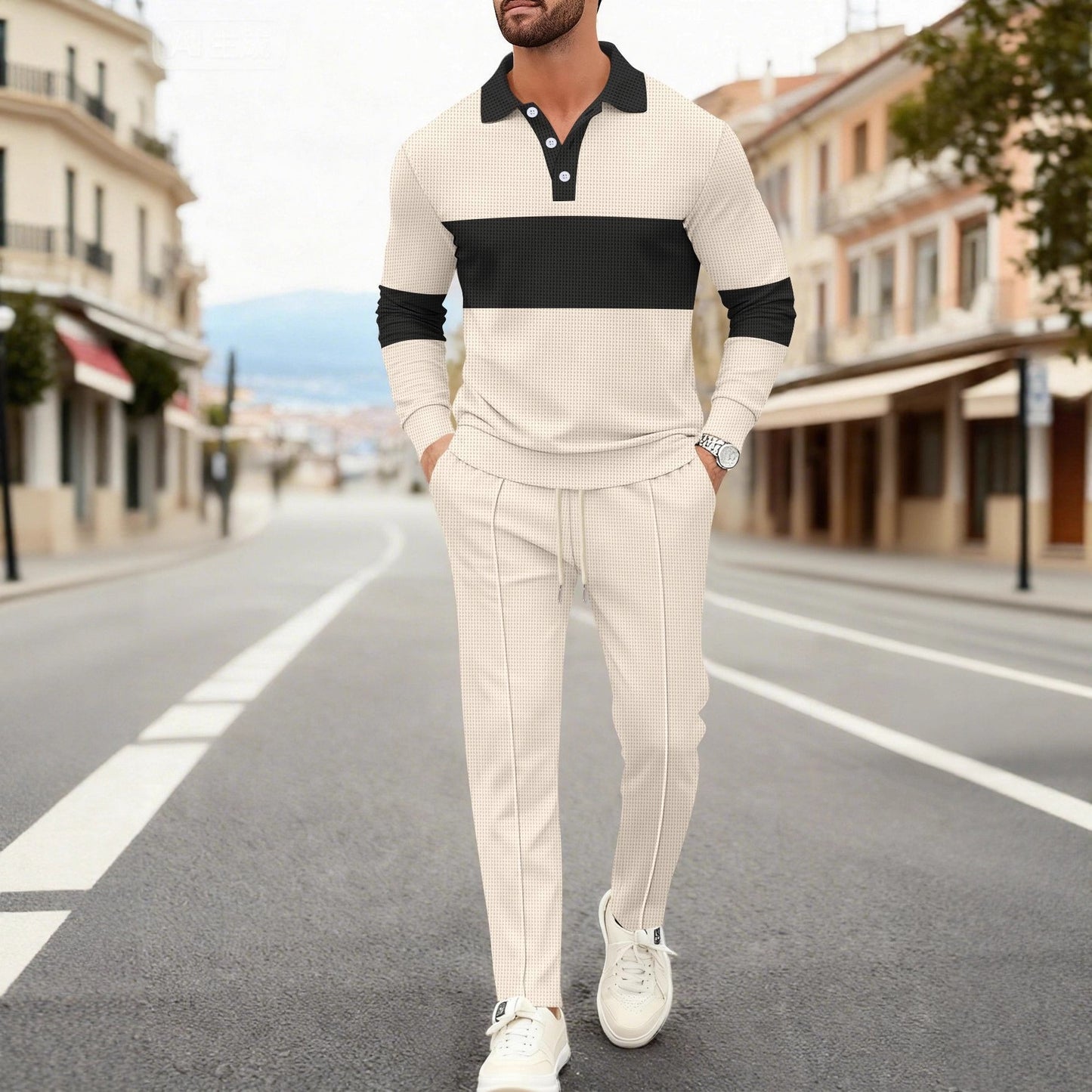 Set Coordinato con Polo a Manica Lunga e Pantaloni Tecnici Strutturati