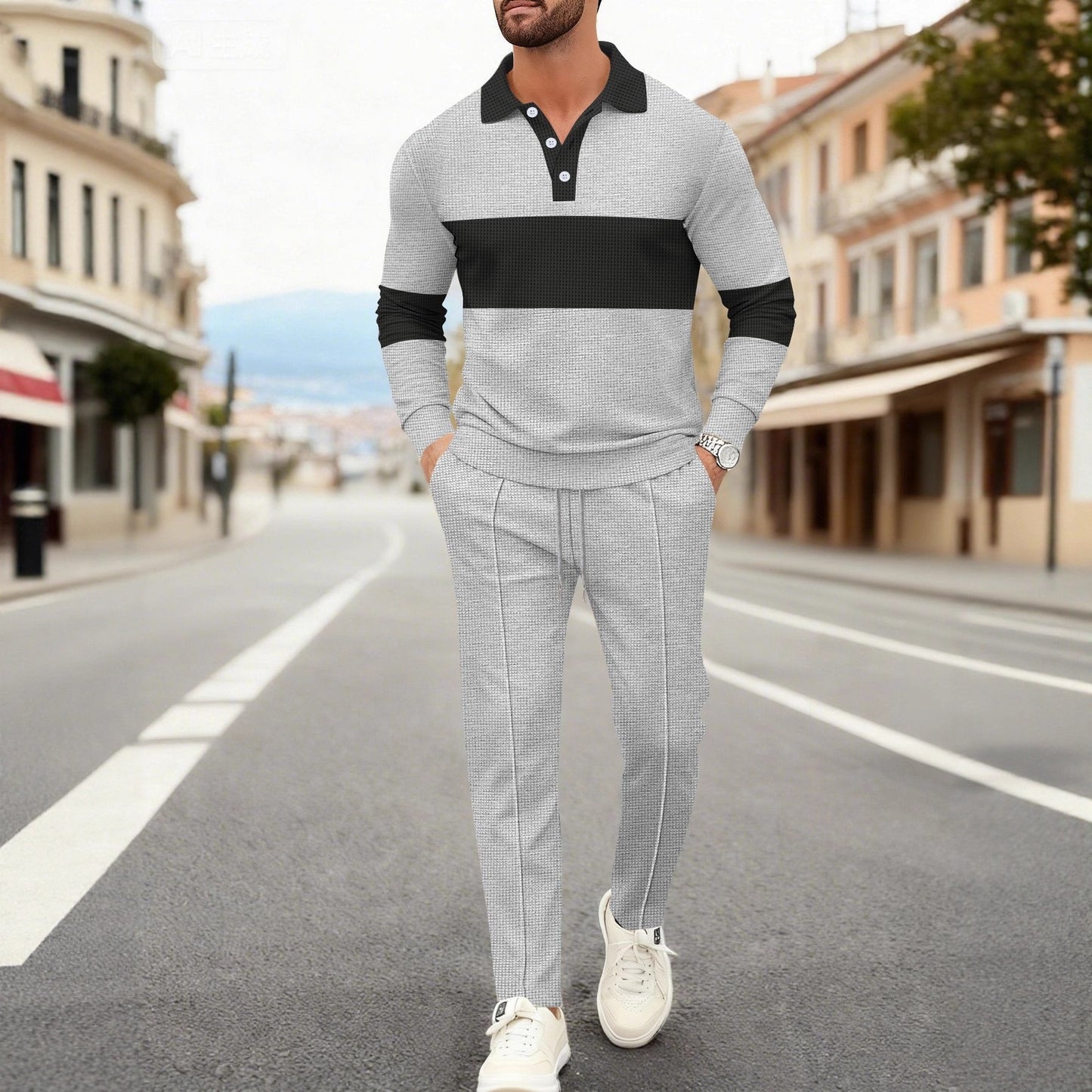 Set Coordinato con Polo a Manica Lunga e Pantaloni Tecnici Strutturati