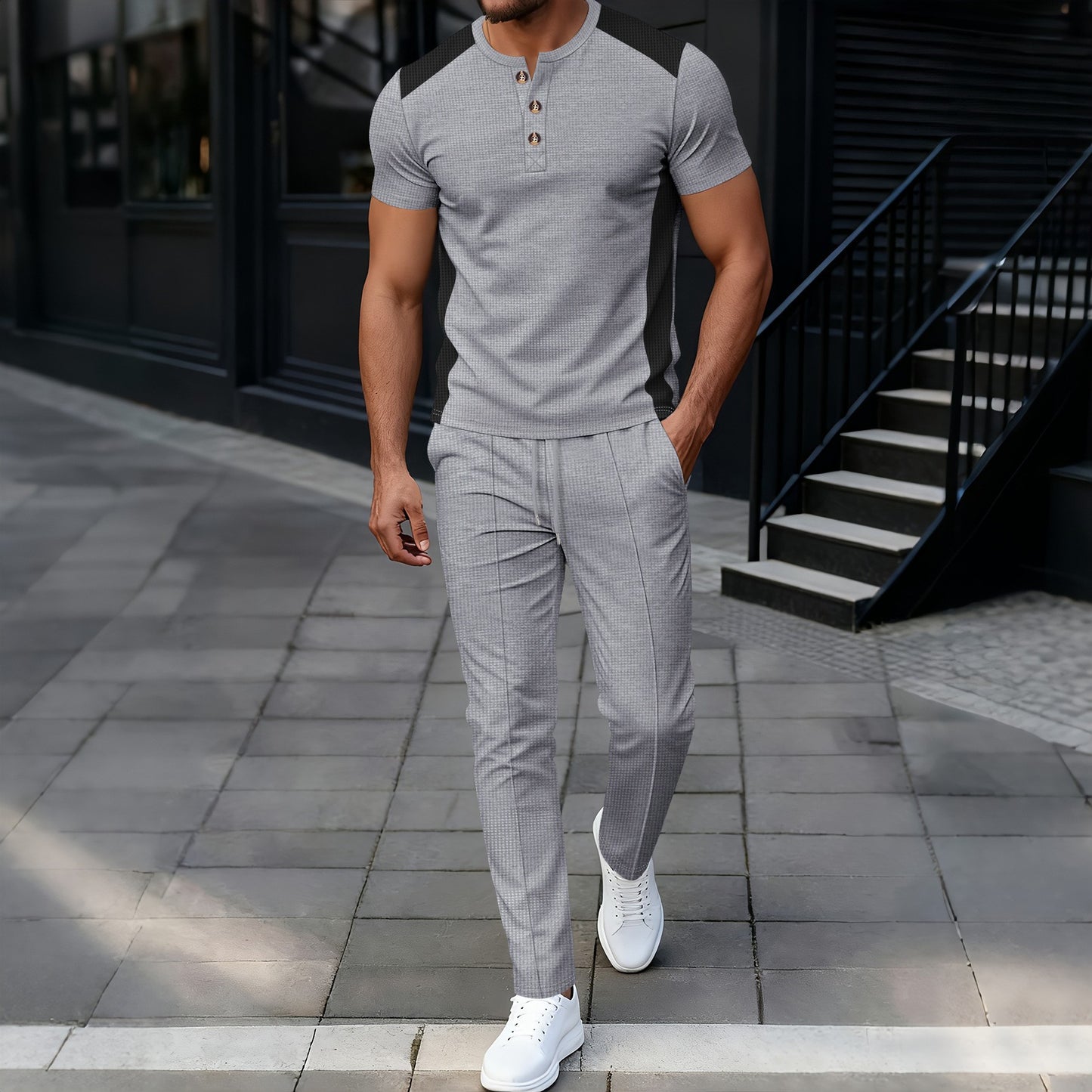 Completo Henry Shirt & Pantaloni in Heavy Waffle-Knit