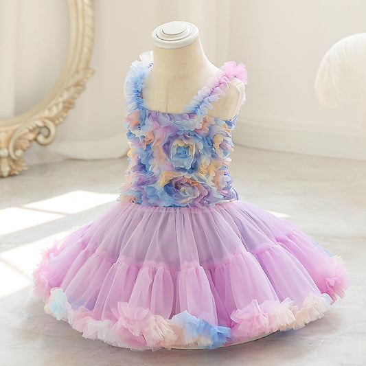 Abito in Misto Cotone con Dettagli Flower-Style, Sequins e Mesh Plissettato