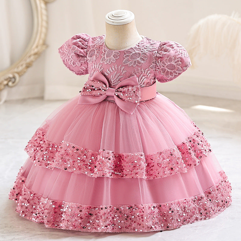 Abito da Cerimonia in Misto Cotone con Dettagli Bow-Accent e Mesh Plissettato