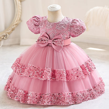 Abito da Cerimonia in Misto Cotone con Dettagli Bow-Accent e Mesh Plissettato