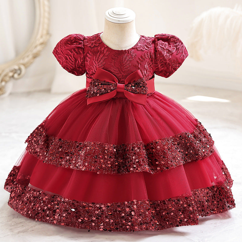 Abito da Cerimonia in Misto Cotone con Dettagli Bow-Accent e Mesh Plissettato