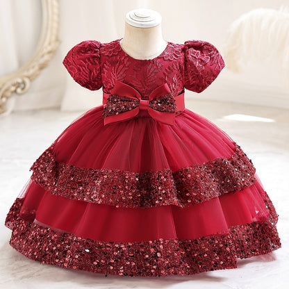 Abito da Cerimonia in Misto Cotone con Dettagli Bow-Accent e Mesh Plissettato