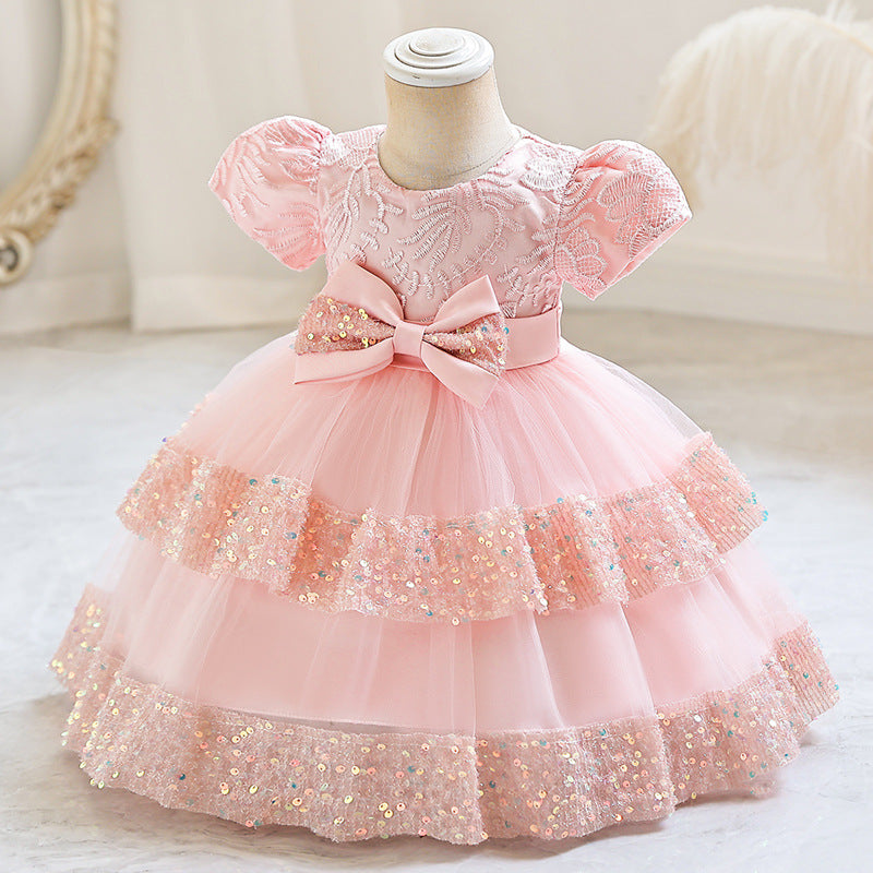 Abito da Cerimonia in Misto Cotone con Dettagli Bow-Accent e Mesh Plissettato