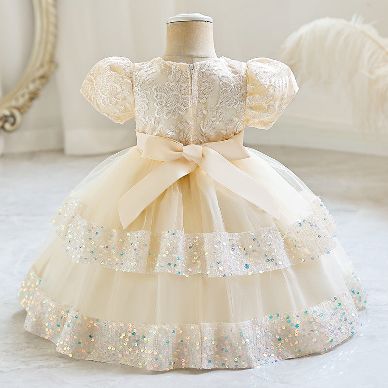 Abito da Cerimonia in Misto Cotone con Dettagli Bow-Accent e Mesh Plissettato