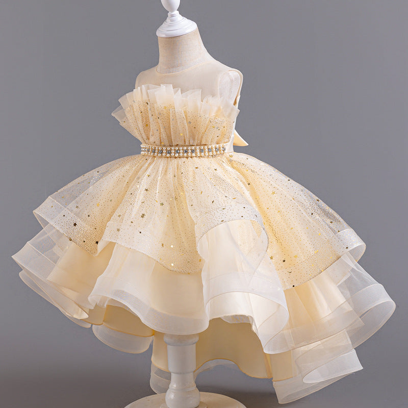 Abito Formale in Misto Cotone con Trame in Pizzo, Mesh e Dettagli Bow-Accent