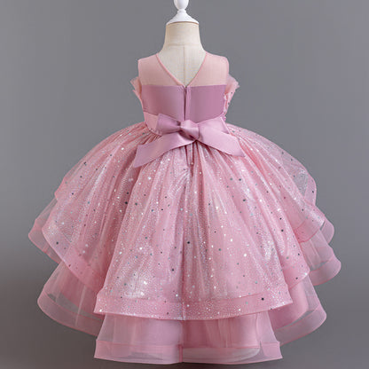 Abito Formale in Misto Cotone con Trame in Pizzo, Mesh e Dettagli Bow-Accent