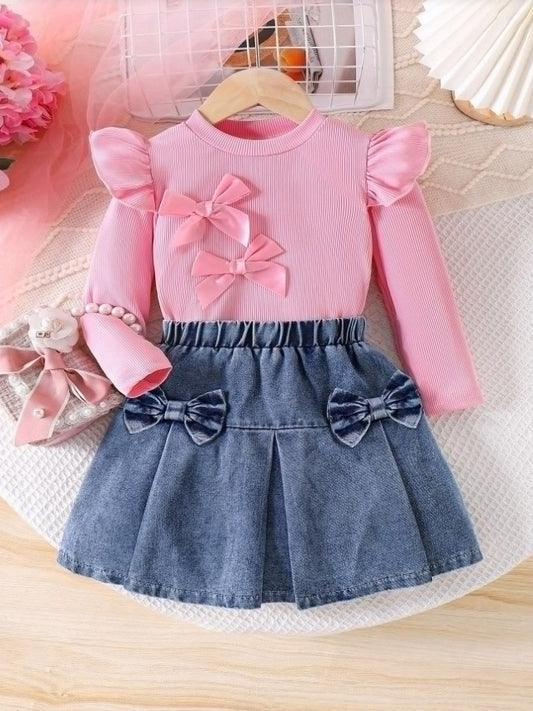 Completo Due Pezzi in Cotone Soft-Touch con Dettaglio Bow e Silhouette Skirt-Set