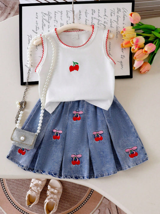 Completo Due Pezzi in Denim Soft-Touch con Pattern Floreale e Silhouette Skirt-Set