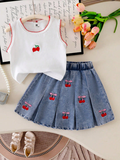 Completo Due Pezzi in Denim Soft-Touch con Pattern Floreale e Silhouette Skirt-Set