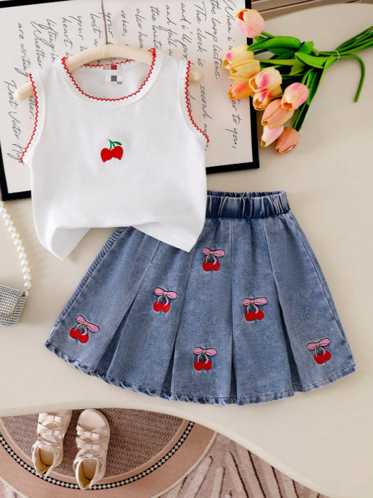 Completo Due Pezzi in Denim Soft-Touch con Pattern Floreale e Silhouette Skirt-Set