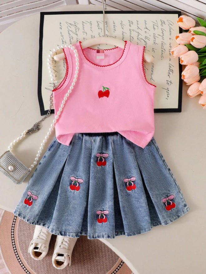 Completo Due Pezzi in Denim Soft-Touch con Pattern Floreale e Silhouette Skirt-Set