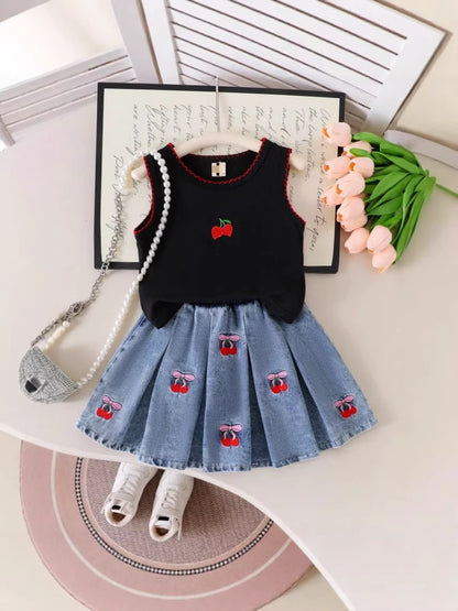 Completo Due Pezzi in Denim Soft-Touch con Pattern Floreale e Silhouette Skirt-Set