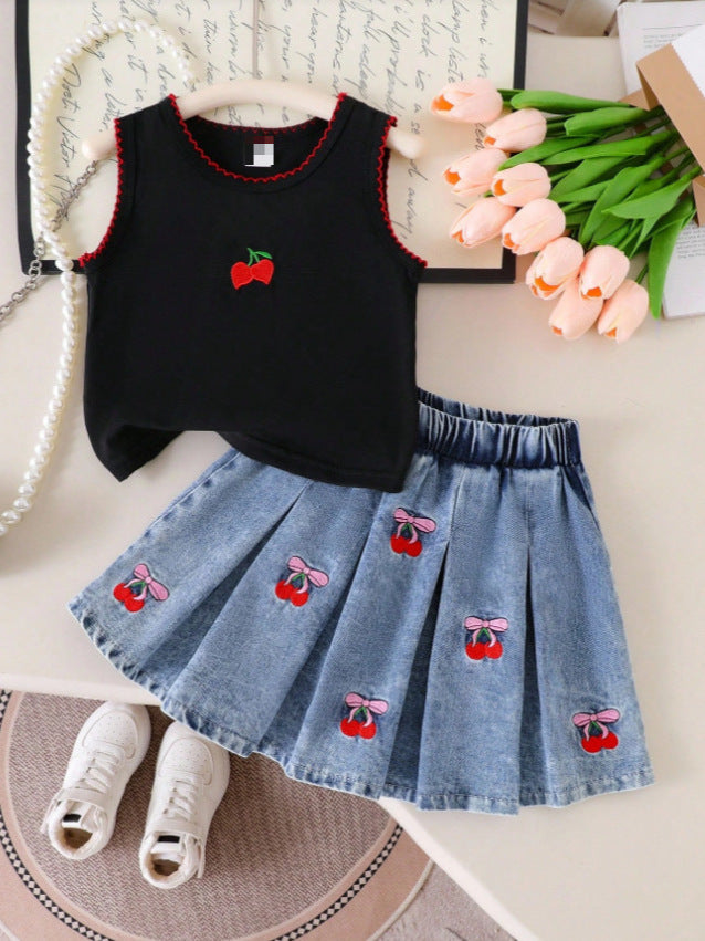 Completo Due Pezzi in Denim Soft-Touch con Pattern Floreale e Silhouette Skirt-Set