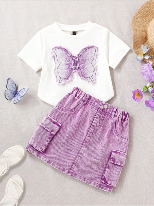 Completo Due Pezzi con Dettaglio Bow Tie e Silhouette Skirt-Suit in Tessuto Soft-Denim