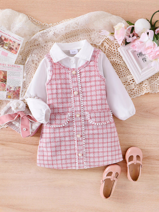 Completo Due Pezzi in Cotone con Trama a Griglia e Silhouette Princess