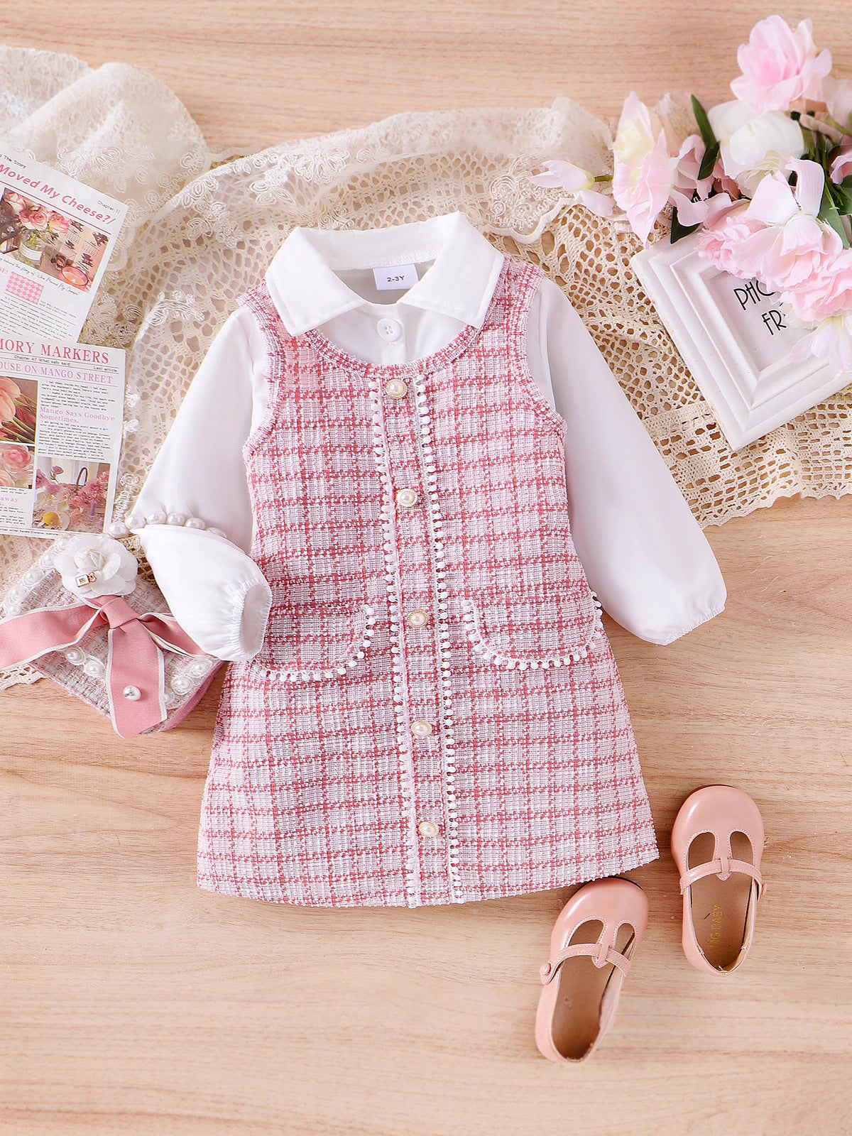 Completo Due Pezzi in Cotone con Trama a Griglia e Silhouette Princess