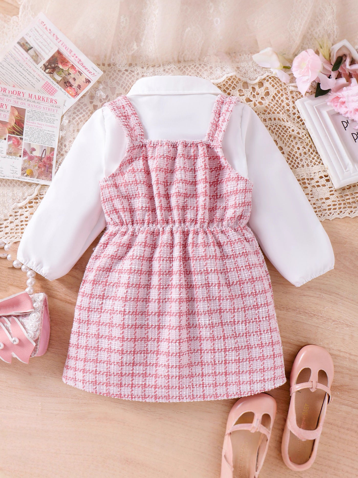 Completo Due Pezzi in Cotone con Trama a Griglia e Silhouette Princess