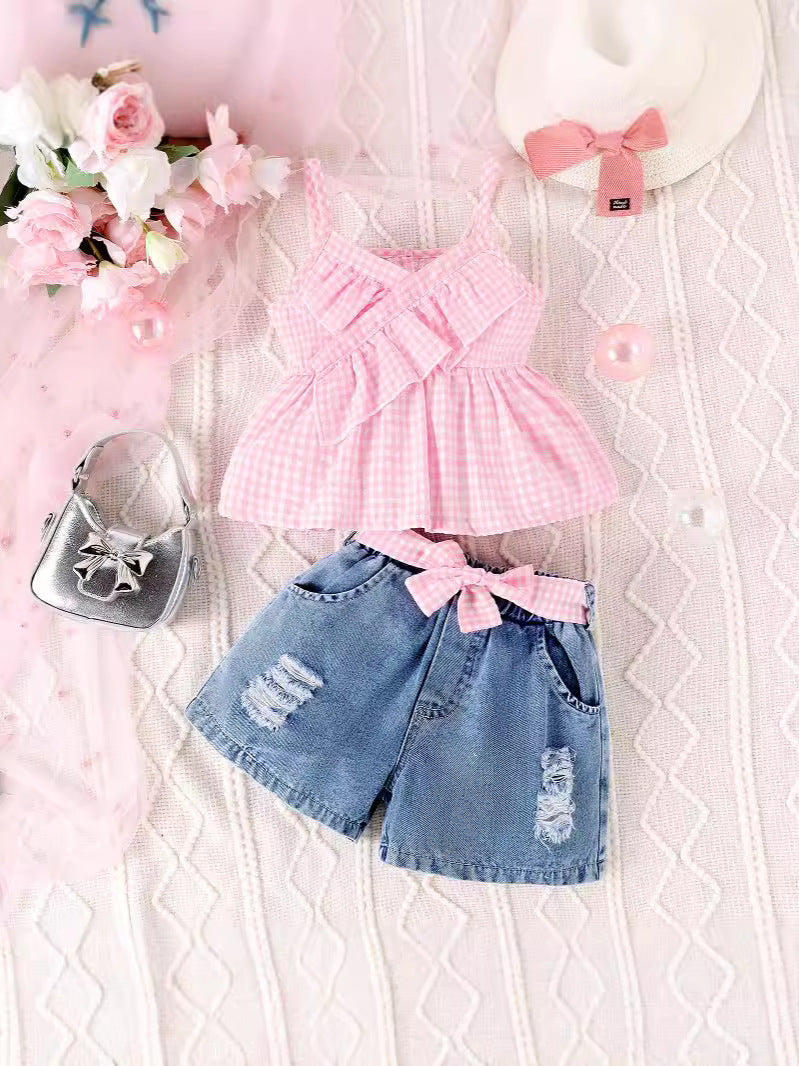 Completo Due Pezzi in Tessuto Denim Soft-Touch con Trama Plaid e Dettaglio Bow Tie