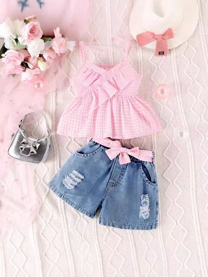 Completo Due Pezzi in Tessuto Denim Soft-Touch con Trama Plaid e Dettaglio Bow Tie