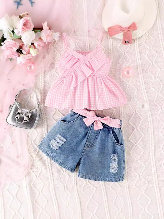 Completo Due Pezzi in Tessuto Denim Soft-Touch con Trama Plaid e Dettaglio Bow Tie