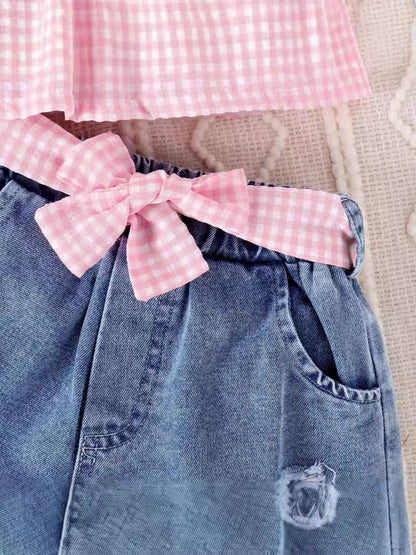 Completo Due Pezzi in Tessuto Denim Soft-Touch con Trama Plaid e Dettaglio Bow Tie