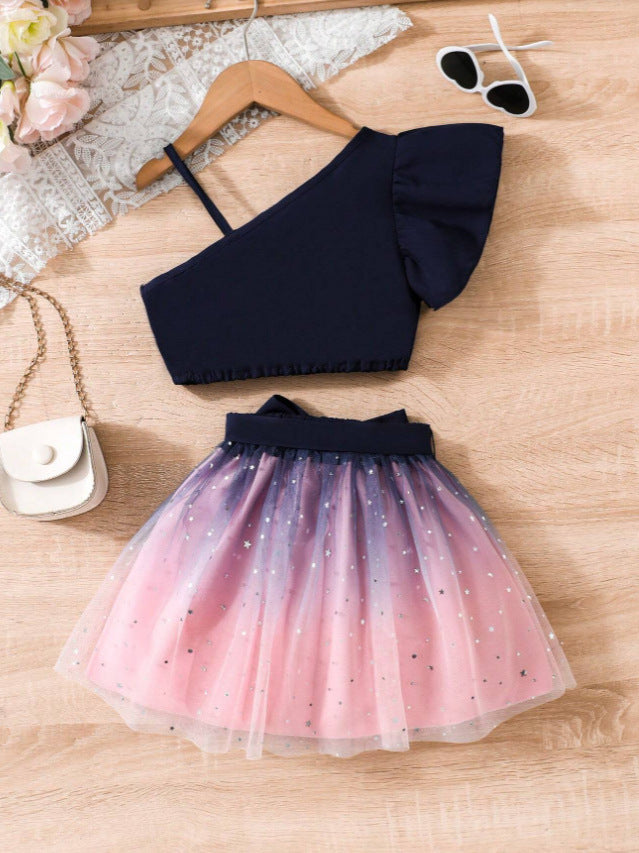 Completo Due Pezzi in Tessuto Knitted con Dettagli in Tulle e Silhouette Europe & America