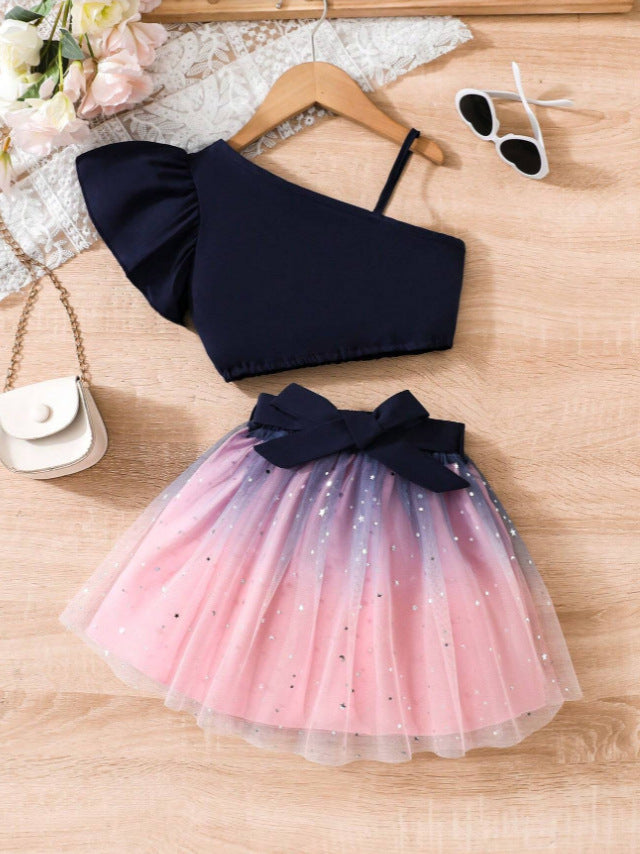 Completo Due Pezzi in Tessuto Knitted con Dettagli in Tulle e Silhouette Europe & America