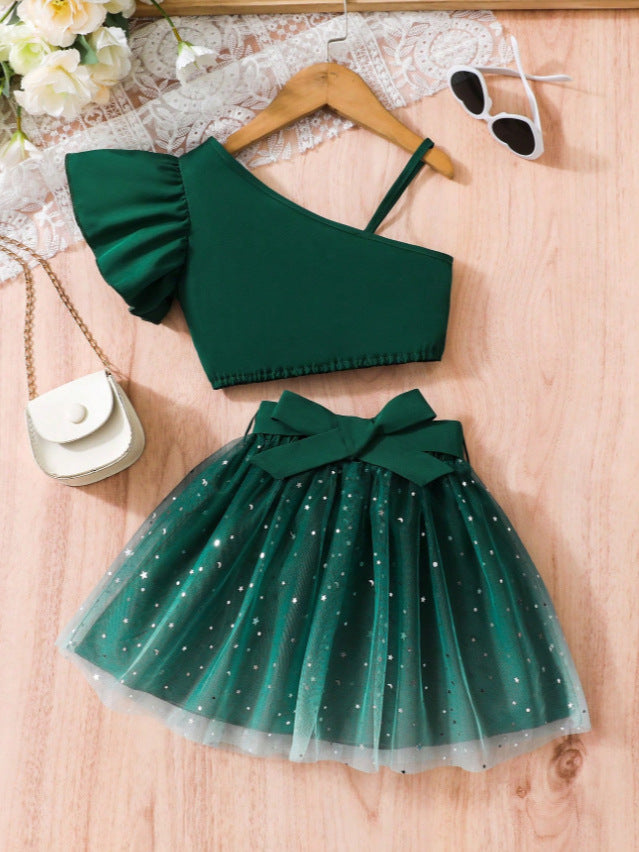 Completo Due Pezzi in Tessuto Knitted con Dettagli in Tulle e Silhouette Europe & America