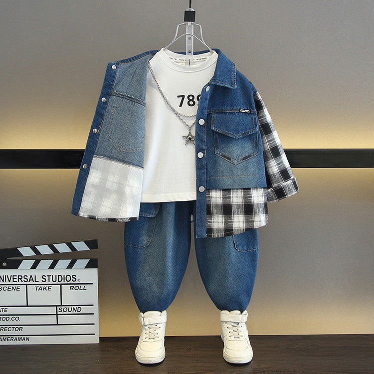 Completo Due Pezzi in Jeans 65% Cotone con Effetto Paint-Splatter e Dettagli Plaid