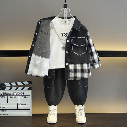 Completo Due Pezzi in Jeans 65% Cotone con Effetto Paint-Splatter e Dettagli Plaid