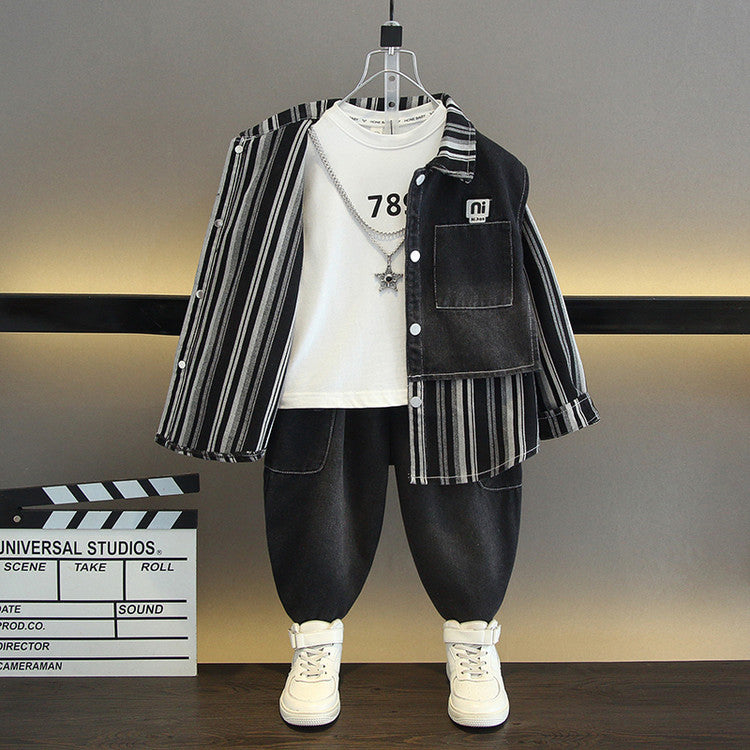 Set Tre Pezzi in Denim 65% Cotone "Black" con Chiusura Monopetto