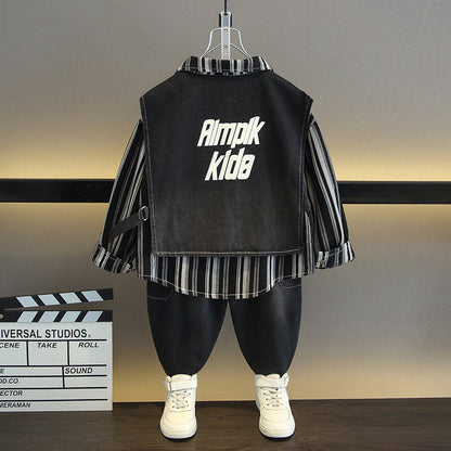 Set Tre Pezzi in Denim 65% Cotone "Black" con Chiusura Monopetto