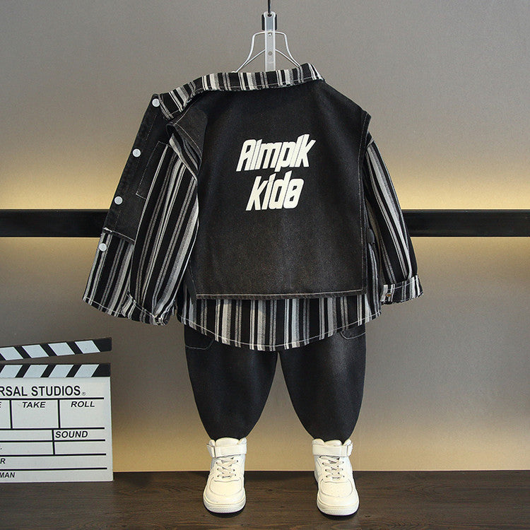 Set Tre Pezzi in Denim 65% Cotone "Black" con Chiusura Monopetto