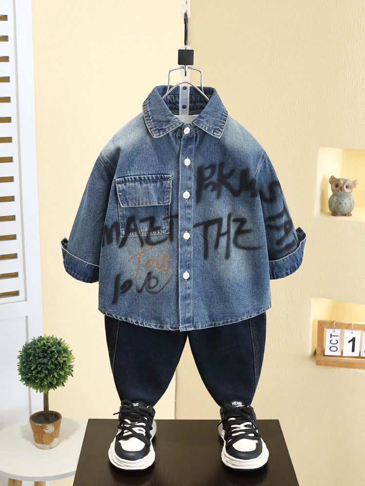 Camicia in Denim 65% Cotone "Blue" con Dettagli Lettering e Finitura Soft-Touch