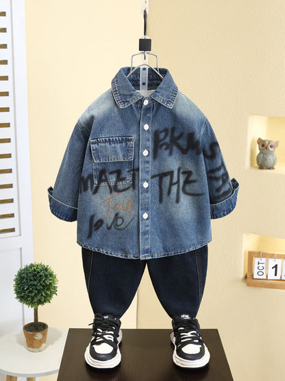 Camicia in Denim 65% Cotone "Blue" con Dettagli Lettering e Finitura Soft-Touch