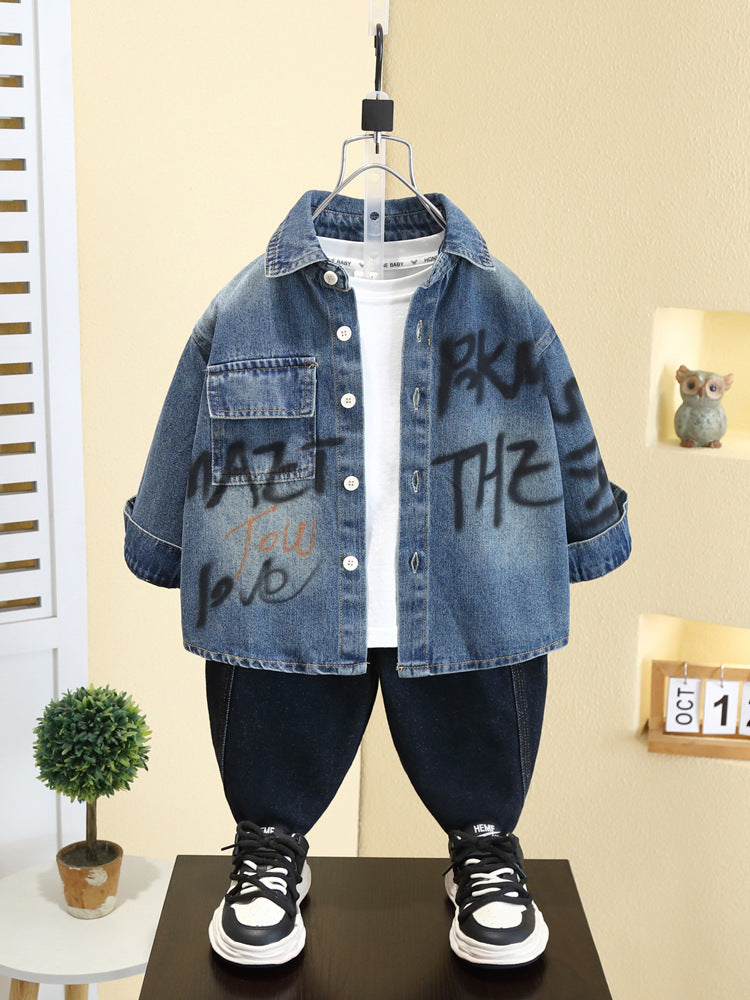 Camicia in Denim 65% Cotone "Blue" con Dettagli Lettering e Finitura Soft-Touch