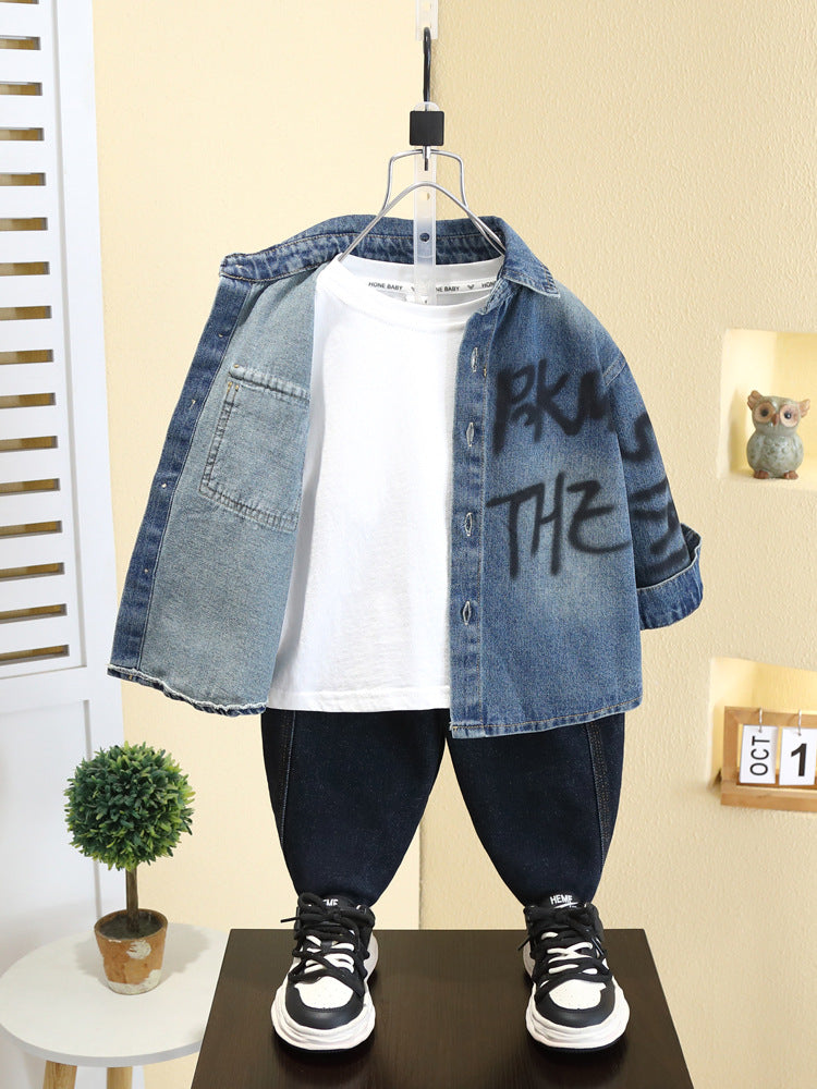 Camicia in Denim 65% Cotone "Blue" con Dettagli Lettering e Finitura Soft-Touch