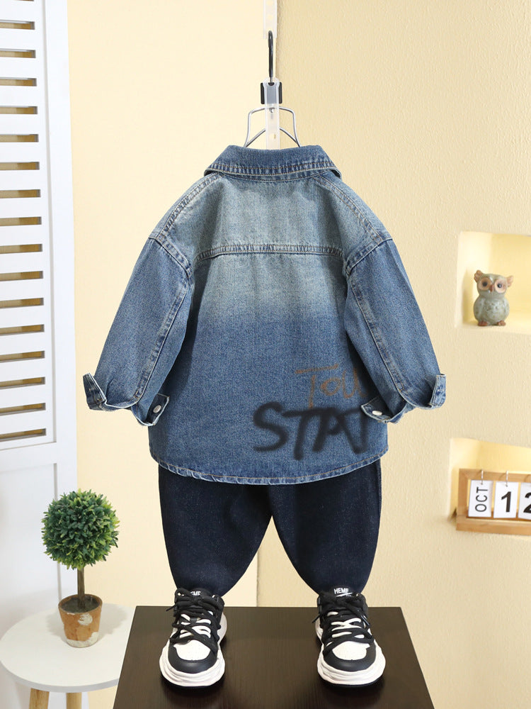 Camicia in Denim 65% Cotone "Blue" con Dettagli Lettering e Finitura Soft-Touch