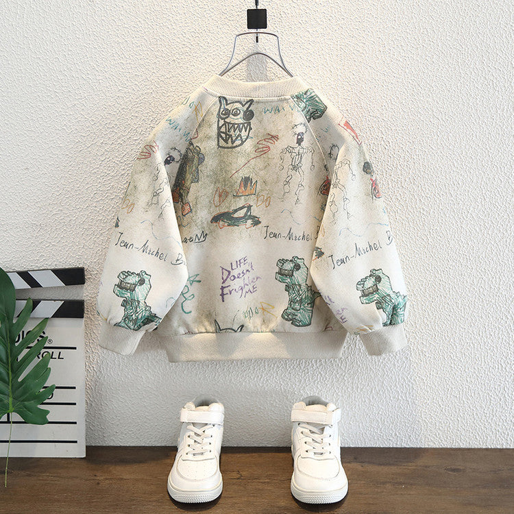 Felpa in Cotone all'80% con Stampa All-Over Dinosaur e Finitura Soft-Touch