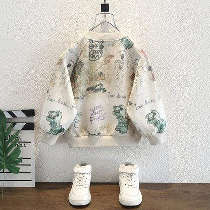 Felpa in Cotone all'80% con Stampa All-Over Dinosaur e Finitura Soft-Touch