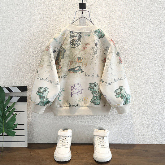 Felpa in Cotone all'80% con Stampa All-Over Dinosaur e Finitura Soft-Touch