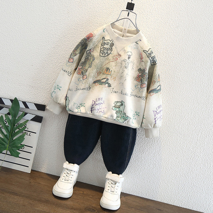 Felpa in Cotone all'80% con Stampa All-Over Dinosaur e Finitura Soft-Touch