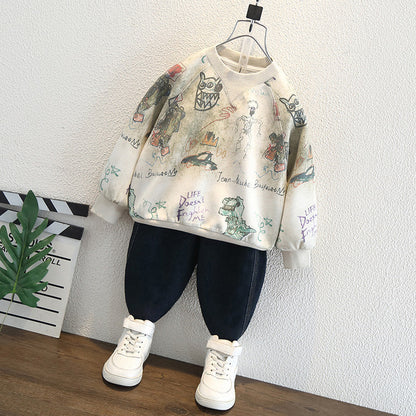 Felpa in Cotone all'80% con Stampa All-Over Dinosaur e Finitura Soft-Touch