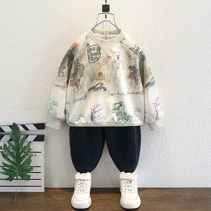 Felpa in Cotone all'80% con Stampa All-Over Dinosaur e Finitura Soft-Touch