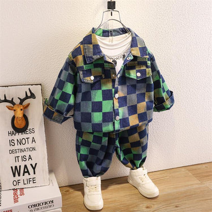 Set Due Pezzi in Cotone con Trama Plaid e Finitura Soft-Touch