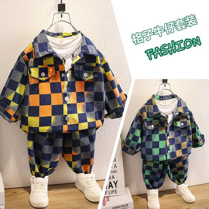 Set Due Pezzi in Cotone con Trama Plaid e Finitura Soft-Touch