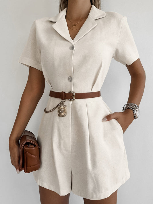 Jumpsuit Casual in Cotone e Lino con Collo a Giacca e Vita Alta