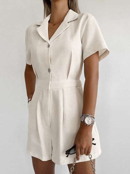 Jumpsuit Casual in Cotone e Lino con Collo a Giacca e Vita Alta